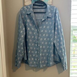 Blue Denim Button-Up Shirt with XO Pattern